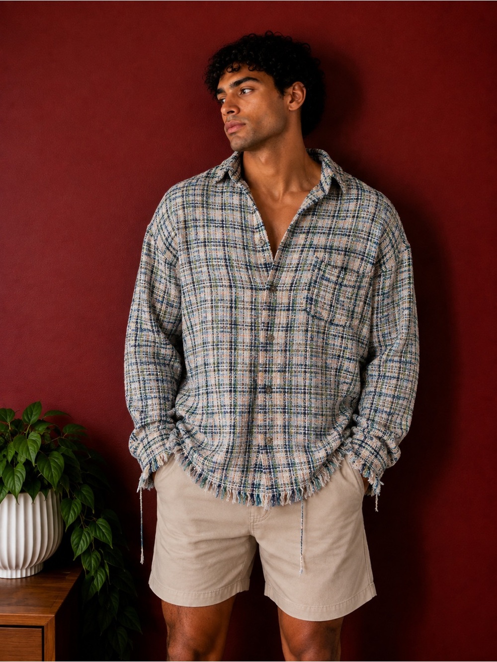NWT mnml Raw Edge Flannel Tweed Shirt Oversized Blue White - XL